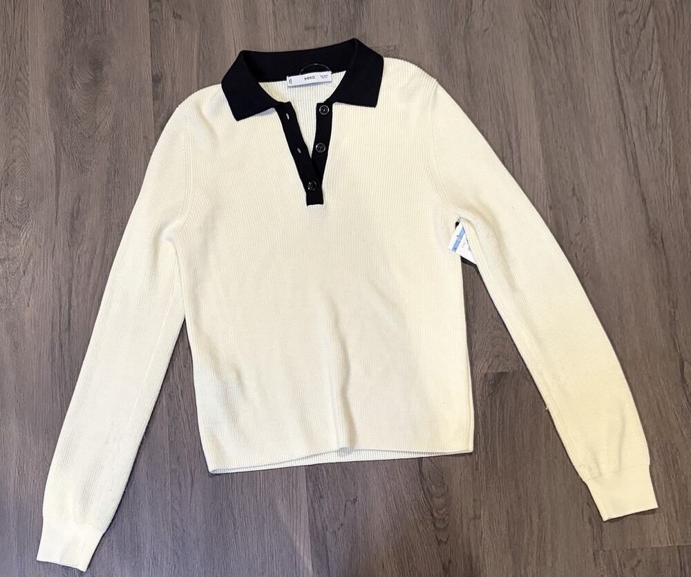MNG Women’s Cream/Black Knit Collared Sweater Button Accents Long Sleeve Medium